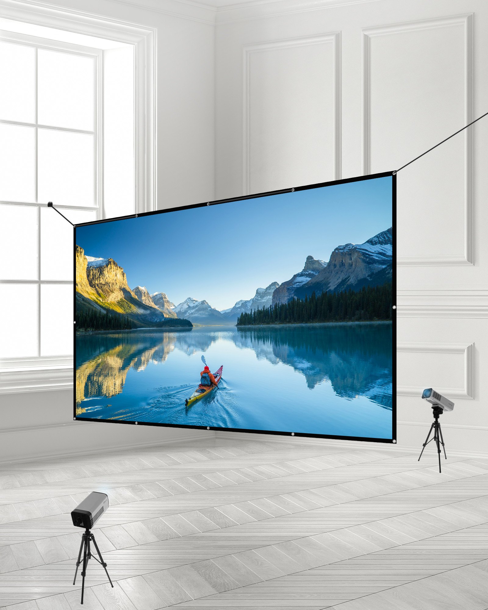 Ekran projekcyjny VEVOR z ręcznym sterowaniem, 150 cali, 16:9, 4K, 1080 HD, montowany na ścianie, z 12 haczykami i dwustronnymi taśmami klejącymi, do projekcji filmów w kinie domowym