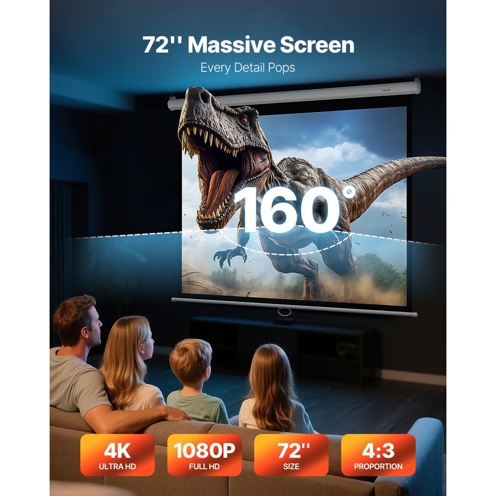 VEVOR Manual Projector Screen, 1829 mm 4:3 4K 1080 HD Retractable Pull Down Projector Screen, Wall Mounted Movie Projection with Pull Rope, Portable Display Projectoin for Family Home Office Theater