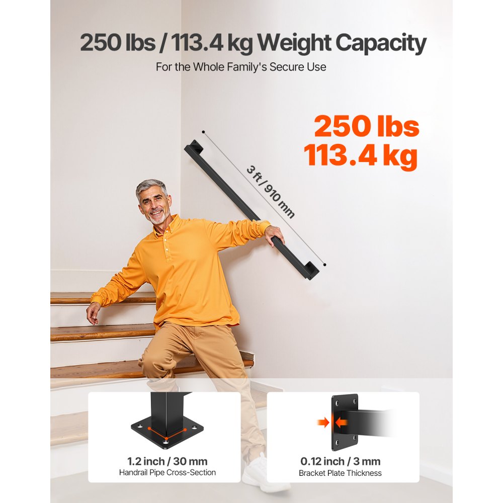 Poręcz schodowa VEVOR, 1,22 m, czarna, żelazna poręcz ścienna do użytku wewnątrz pomieszczeń, poręcz schodowa o udźwigu 113 kg, poręcz przemysłowa do schodów, rura kwadratowa do werandy na poddaszu