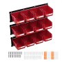 VEVOR Wall Mounted Storage Bins, 12 Plastic Bins & 3 Metal Rails, Plastic Hanging Stackable Storage Bin for Screws, Nuts, Bolts, Nails, Hardware Tool Organizer for Workshop, Craft Room, Garage, Red