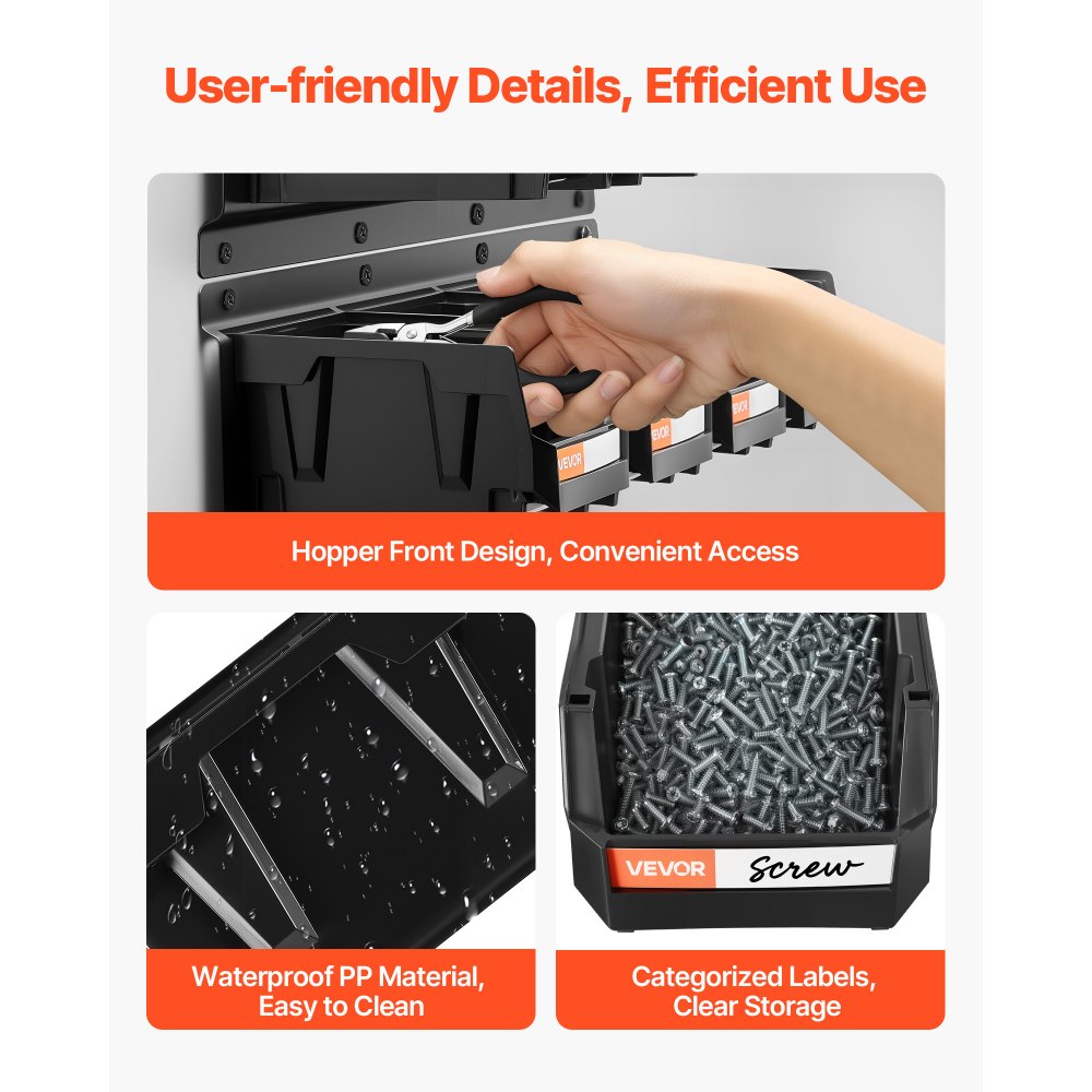 VEVOR Wall Mounted Storage Bins, 12 Plastic Bins & 3 Metal Rails, Plastic Hanging Stackable Storage Bin for Screws, Nuts, Bolts, Nails, Hardware Tool Organizer for Workshop, Craft Room, Garage, Black