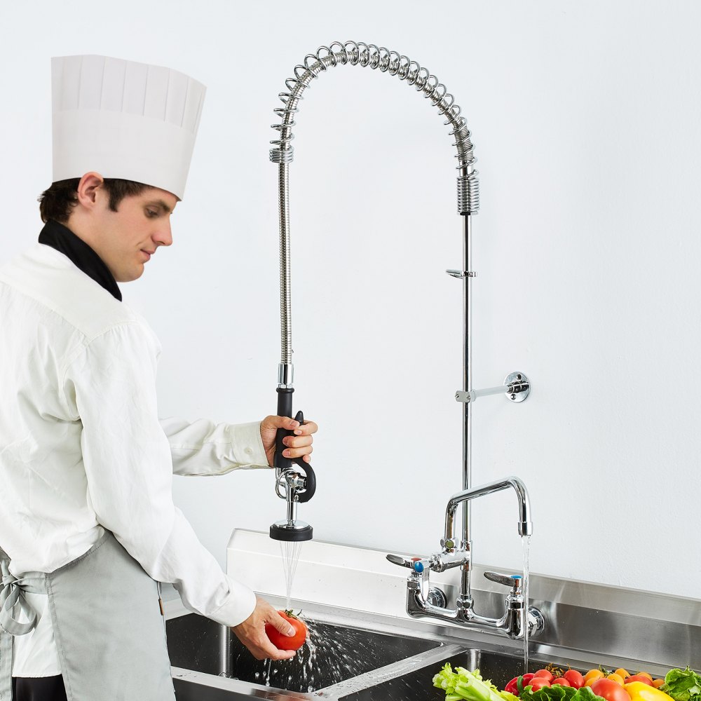 VEVOR Commercial Kitchen Faucet with Pull-Out Spray Head, 118 cm Height, 203 mm Center, 305 mm Swivel Spout, Brass Wall-Mounted Kitchen Sink Faucet, for 1/2/3 Bowl Sinks