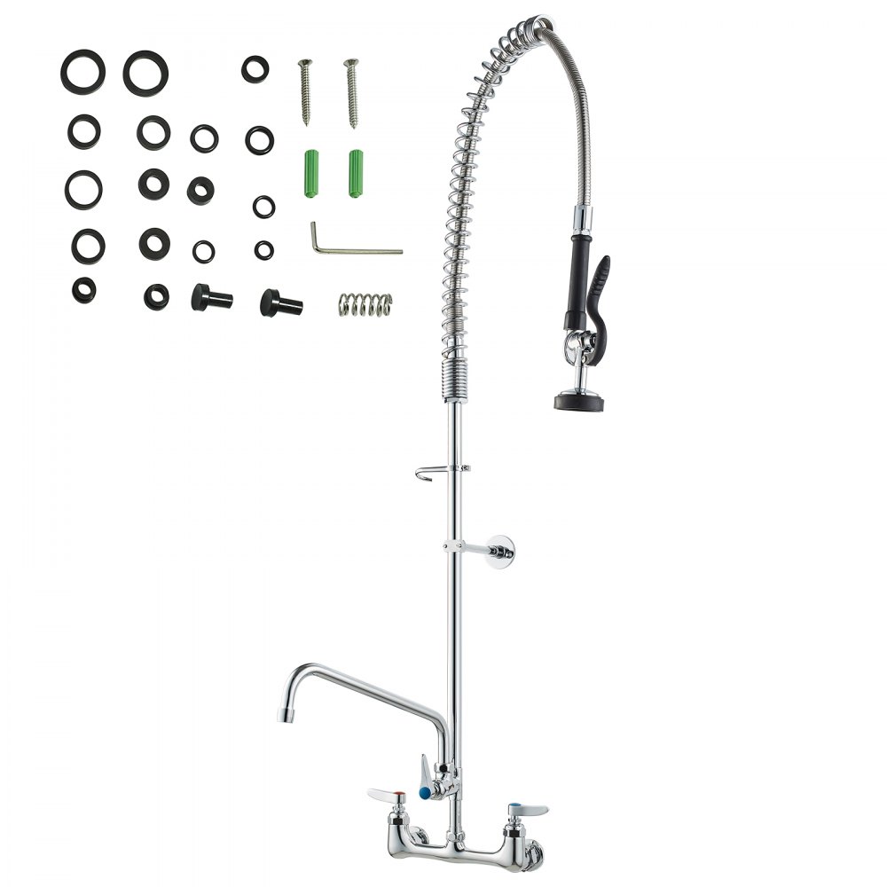 VEVOR Commercial Kitchen Faucet with Pull-Out Spray Head, 118 cm Height, 203 mm Center, 305 mm Swivel Spout, Brass Wall-Mounted Kitchen Sink Faucet, for 1/2/3 Bowl Sinks