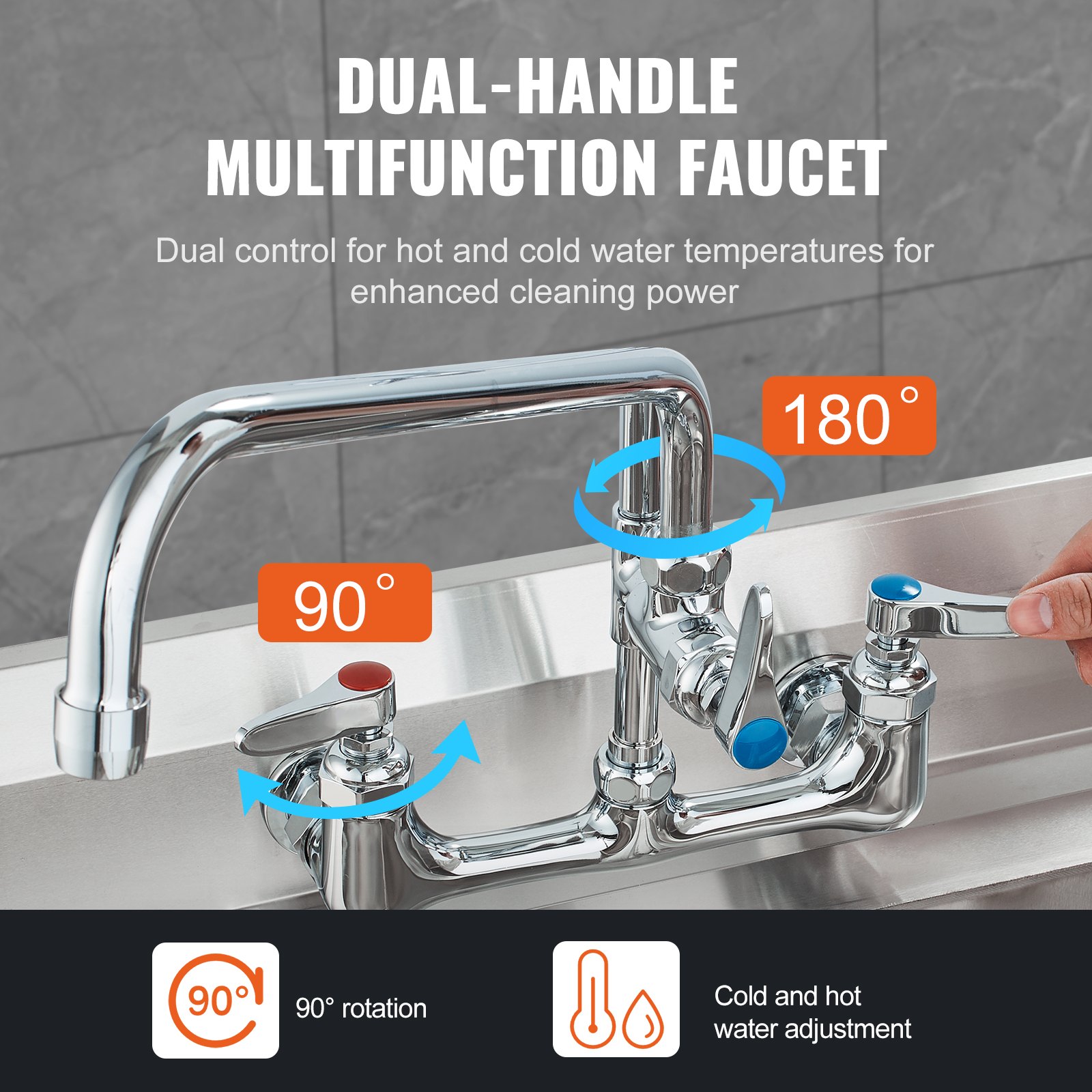 VEVOR Commercial Kitchen Faucet with Pull-Out Spray Head, 118 cm Height, 203 mm Center, 305 mm Swivel Spout, Brass Wall-Mounted Kitchen Sink Faucet, for 1/2/3 Bowl Sinks