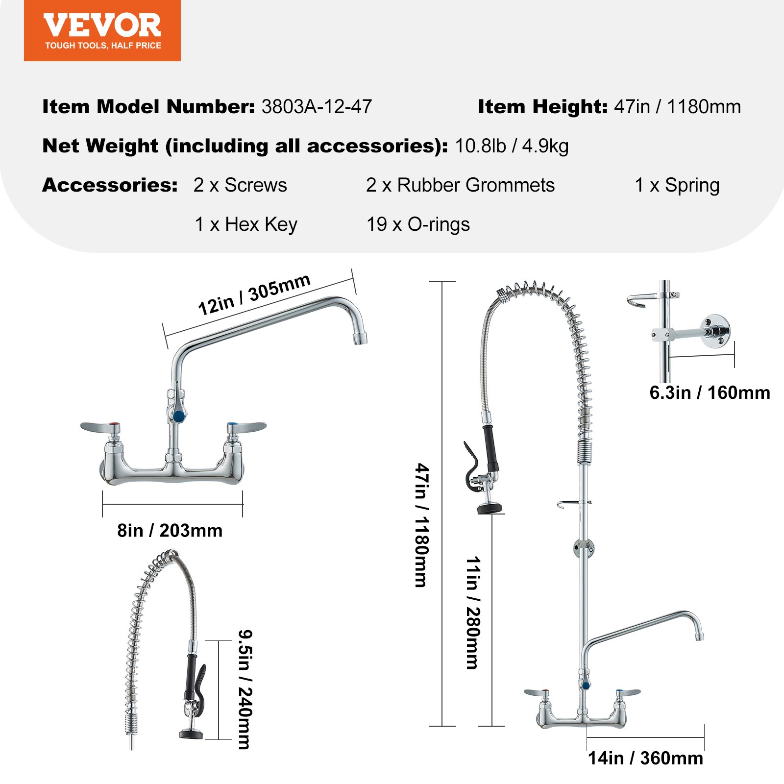 VEVOR Commercial Kitchen Faucet with Pull-Out Spray Head, 118 cm Height, 203 mm Center, 305 mm Swivel Spout, Brass Wall-Mounted Kitchen Sink Faucet, for 1/2/3 Bowl Sinks