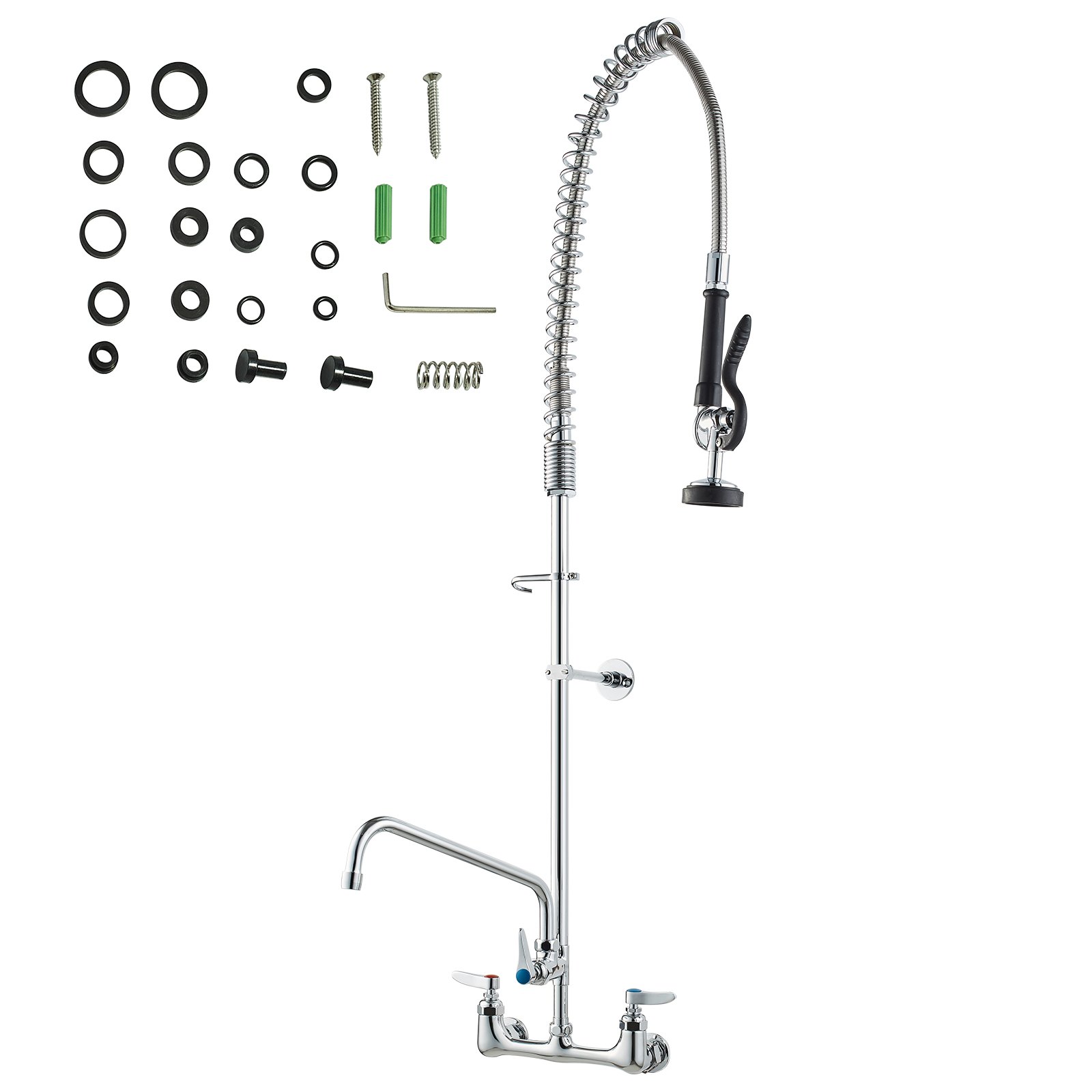 VEVOR Commercial Kitchen Faucet with Pull-Out Spray Head, 118 cm Height, 203 mm Center, 305 mm Swivel Spout, Brass Wall-Mounted Kitchen Sink Faucet, for 1/2/3 Bowl Sinks