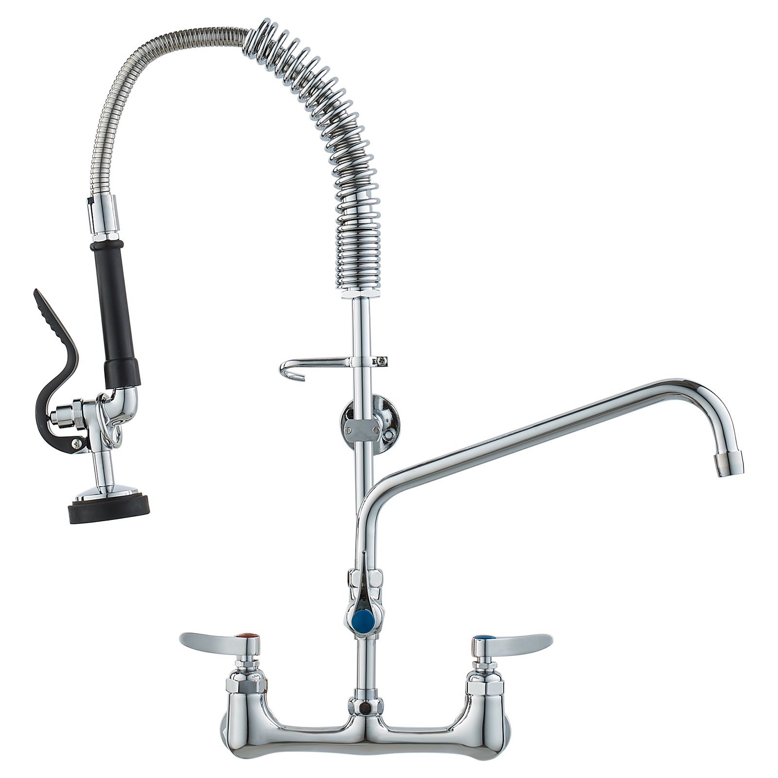 Bateria VEVOR z funkcją natrysku wstępnego płukania, wysokość 63 cm, obrotowa wylewka 305 mm, montowana na ścianie, mosiężna konstrukcja z wyciąganą wylewką, do zlewu 1/2/3-komorowego