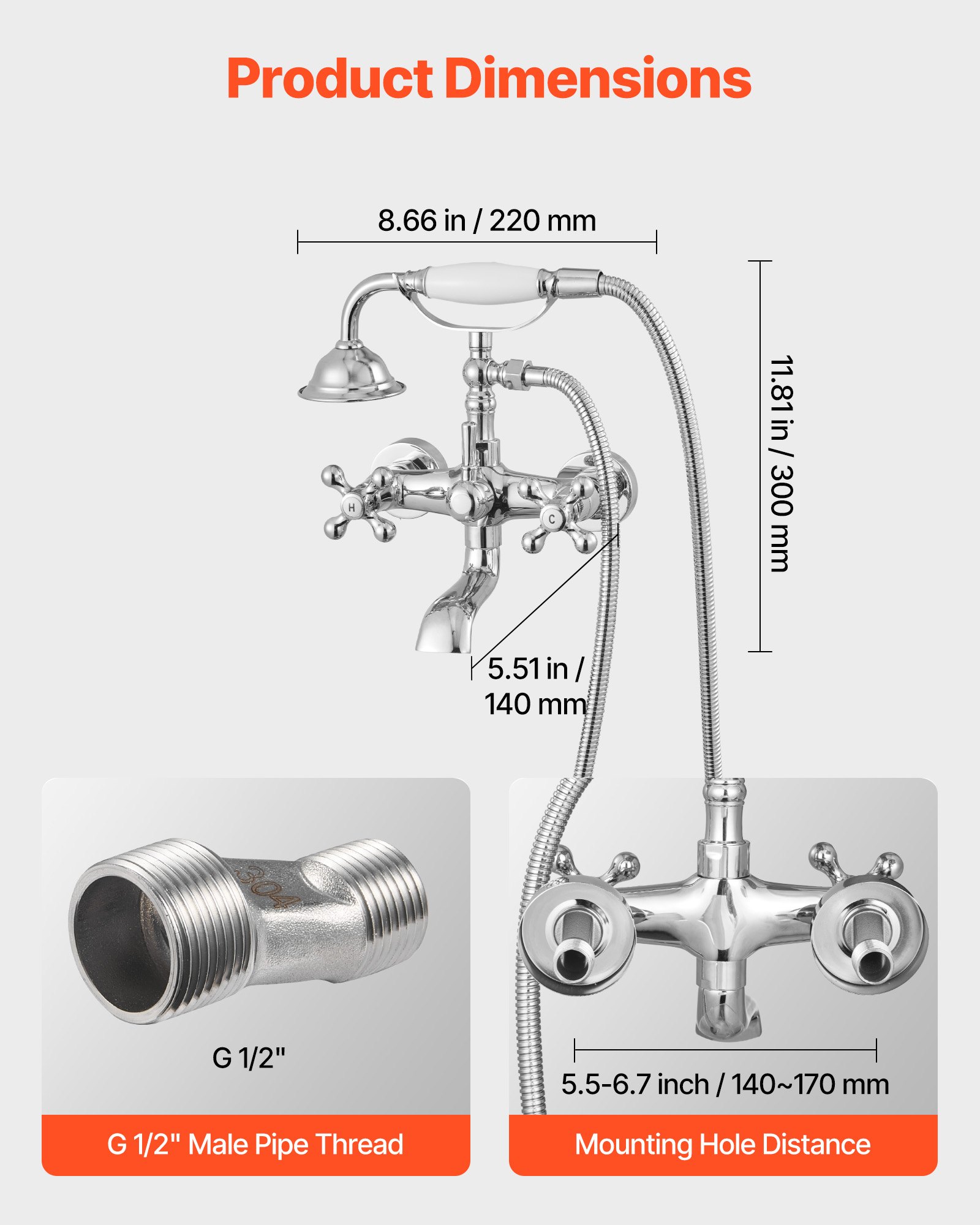 Bateria wannowa VEVOR na nóżkach z uchwytem i prysznicem ręcznym, bateria wannowa w stylu vintage z regulowanymi ramionami obrotowymi i wylewką obrotową 360°, zestaw do napełniania wanny w kolorze polerowanego chromu