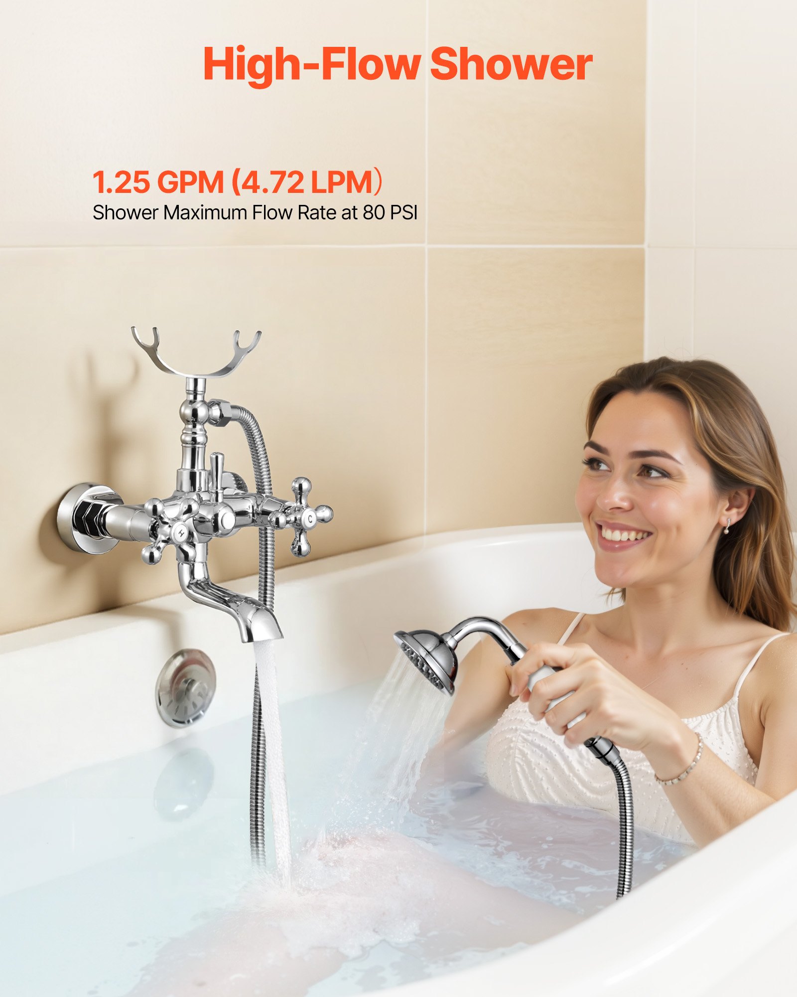 Bateria wannowa VEVOR na nóżkach z uchwytem i prysznicem ręcznym, bateria wannowa w stylu vintage z regulowanymi ramionami obrotowymi i wylewką obrotową 360°, zestaw do napełniania wanny w kolorze polerowanego chromu