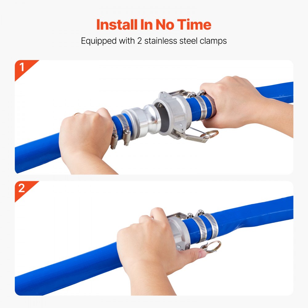 Wąż płaski VEVOR 38 mm x 30 m, wąż ściekowy, z zaciskami, złączem Camlock, złączkami aluminiowymi, odpowiedni do różnych pomp, do oczyszczania ścieków, transportu wody i innych celów