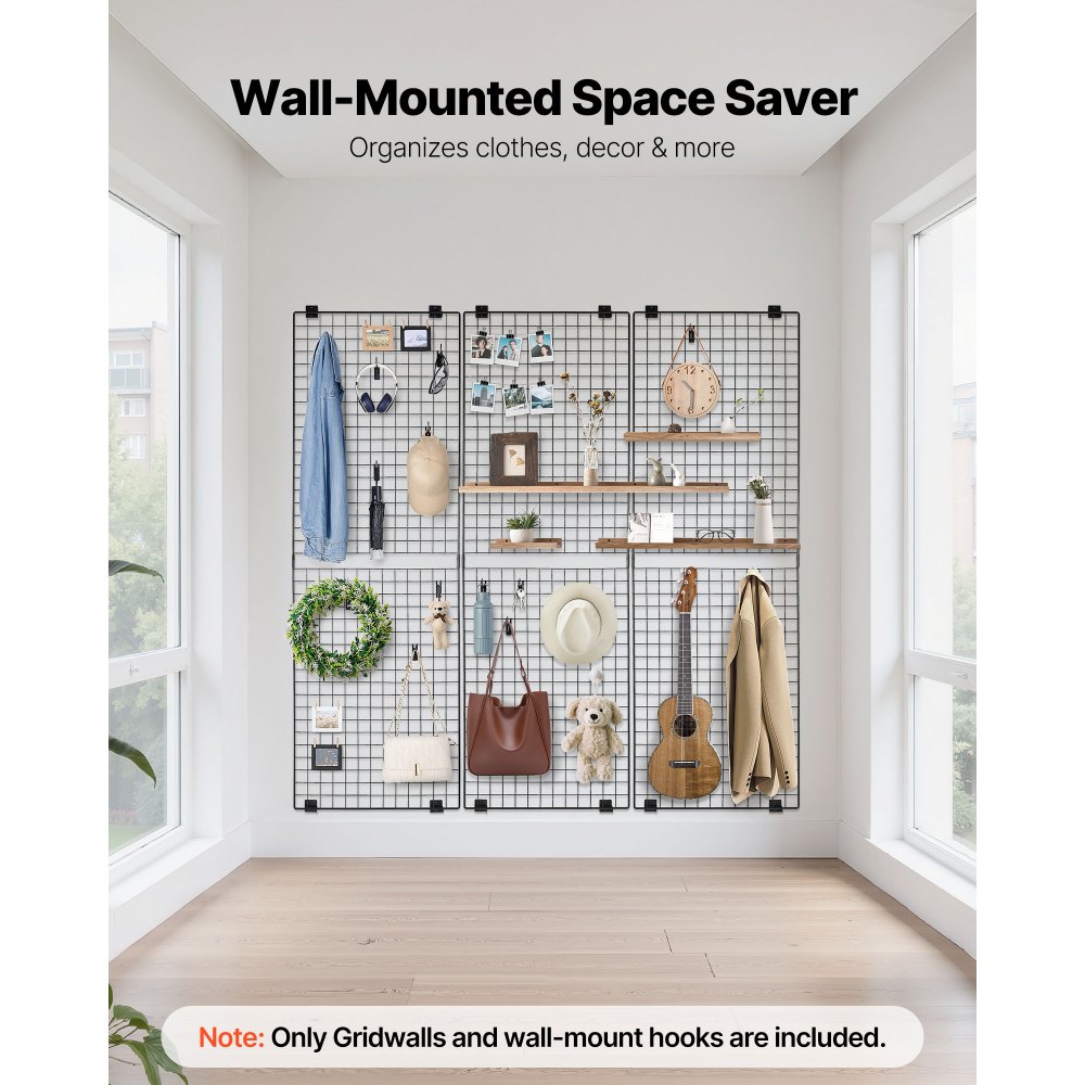 VEVOR 3 Packs Grid Wall Panels, 610 x 1828 mm Wire Grid Panels Display Rack, Wall-Mounted Art Display Shelf, Black Carbon Steel Wall Hanging Gridwall for Craft Show, Decoration, Storage, Notice Board