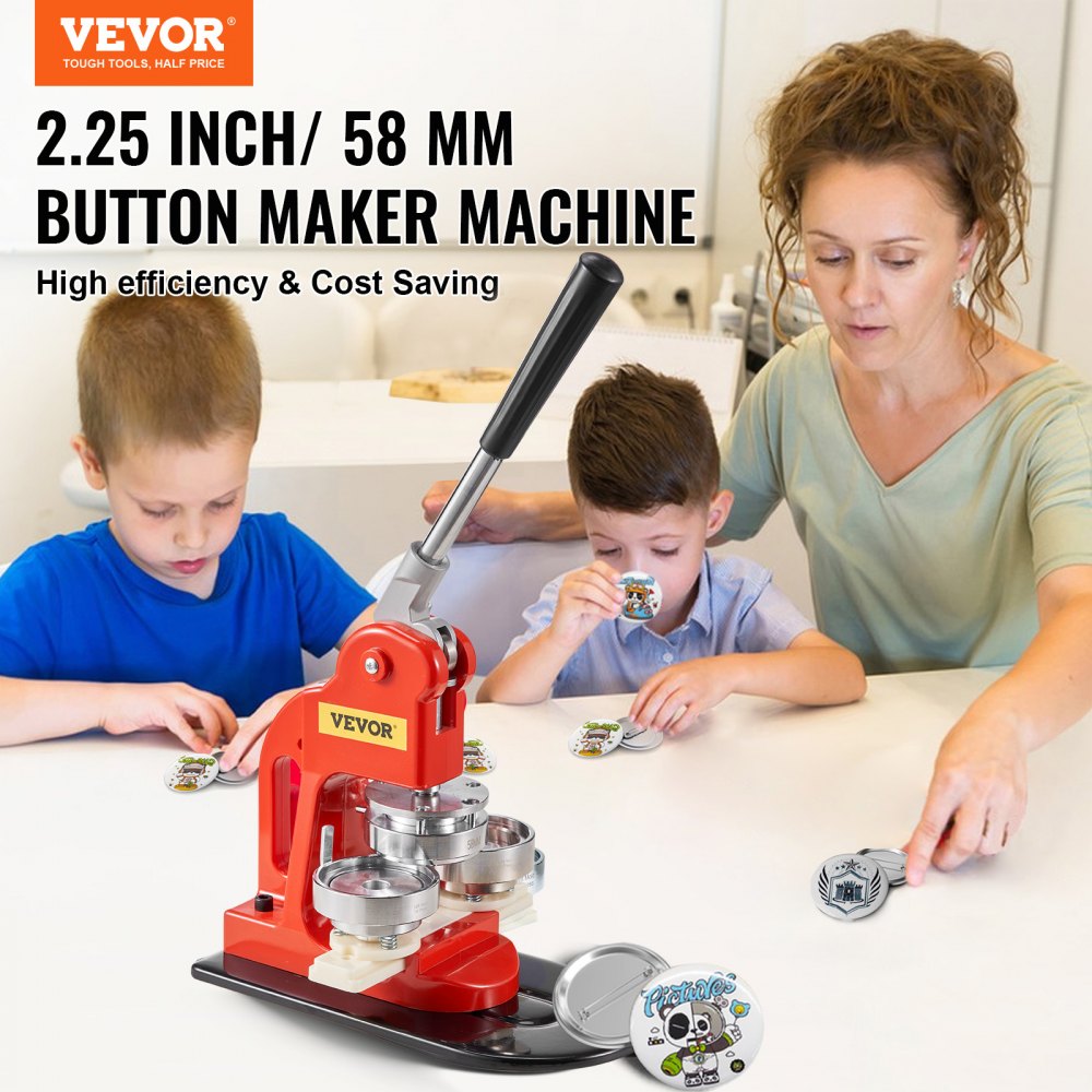 Maszyna do produkcji znaczków VEVOR 58 mm, dziurkarka do znaczków, 500 szt. metalowych nakładek, maszyna do produkcji znaczków DIY, 250 szt. plastikowych podstaw + 250 żelaznych podstaw do produkcji znaczków
