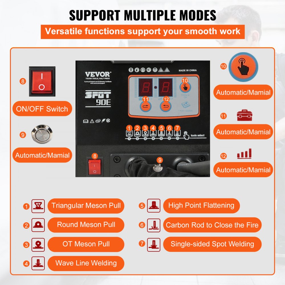 VEVOR Ściągacz Wgnieceń 3KW, Zestaw do Naprawy Wgnieceń Spawacza Panel Spot Spotter Spotter z 1 Złączem Pręta Węglowego 1 Uchwyt 1 Ręczny Przyssawka 2 Pręty Węglowe 10 Trójkątny Arkusz Prosty Ciąg