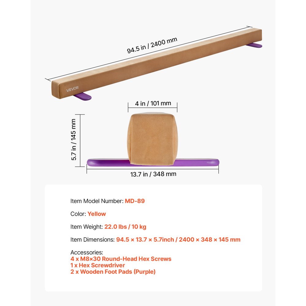 VEVOR 8FT Balance Beam for Kids, 158.7 KG Stable Support Gymnastics Floor Beam with Non-Slip Wooden Mats, Wood-Core Gymnastics Training Equipment with Anti-Slip Bottom for Home and Gym, Yellow