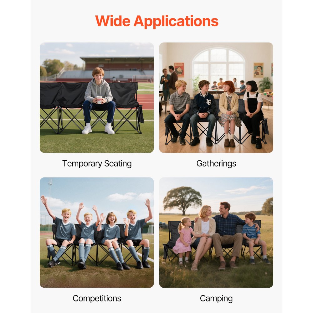 VEVOR Przenośna składana ławka kempingowa (4 osoby) z kieszeniami bocznymi i torbą transportową, ławka drużynowa z oparciem, ławka boczna do gry w piłkę nożną, baseball, kemping, zajęcia na świeżym powietrzu, kolor czarny