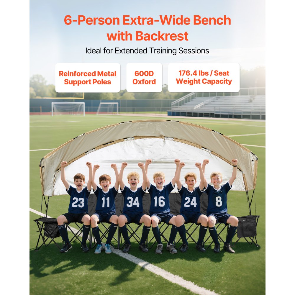 VEVOR Portable Folding Bench, 6 Seat Soccer Bench with Storage Pockets Cup Holders & Carrying Bag, Lightweight Sideline Seating with Sunshade for Football, Baseball, Camping, Outdoor Events, Black