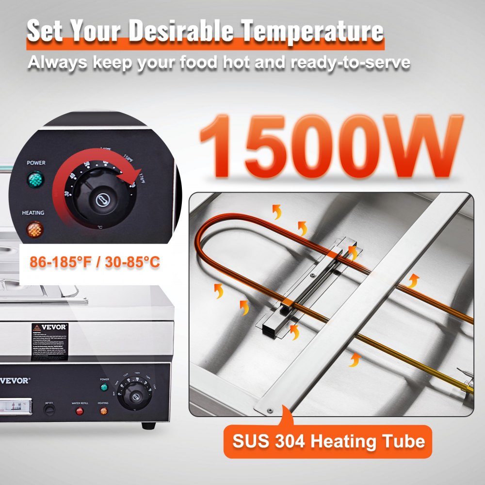 VEVOR podgrzewacz bufetowy ze stali nierdzewnej podgrzewacz do potraw 1500 W, pojemniki bufetowe 6 x 13,2 l, 265 x 325 x 150 mm Można zastosować dowolną płytę grzewczą, w tym szklaną pokrywę i kurek spustowy oraz wskaźnik suchego spalania, do stołówki, kawiarni itp.