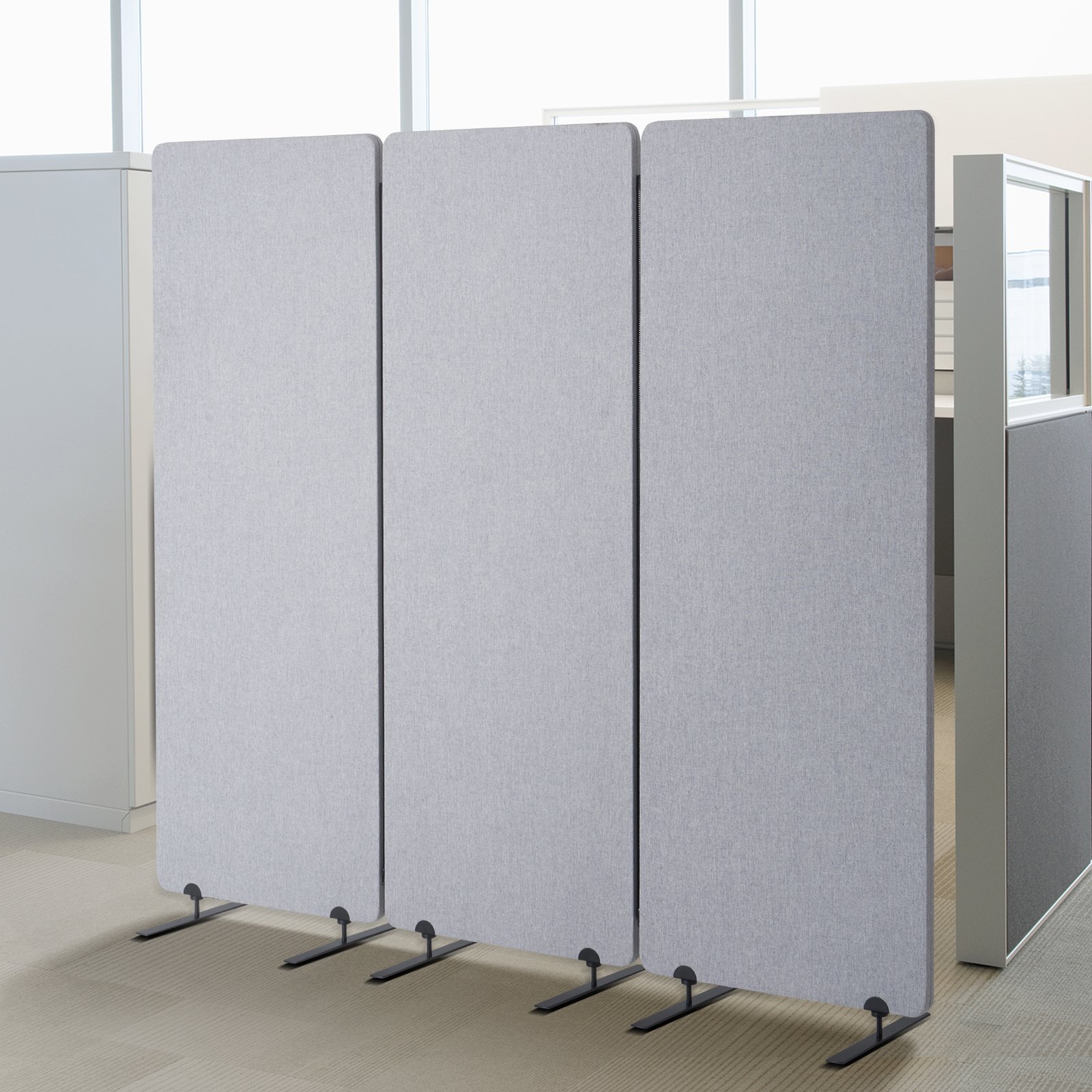 VEVOR Room Divider 3 Panels Screen 1840 x 350 x 1655 mm, Foldable Privacy Screen & Portable Partition Wall Divider Made of PET Polyester for Room Division, for Office, Bedroom, Study, Light Grey