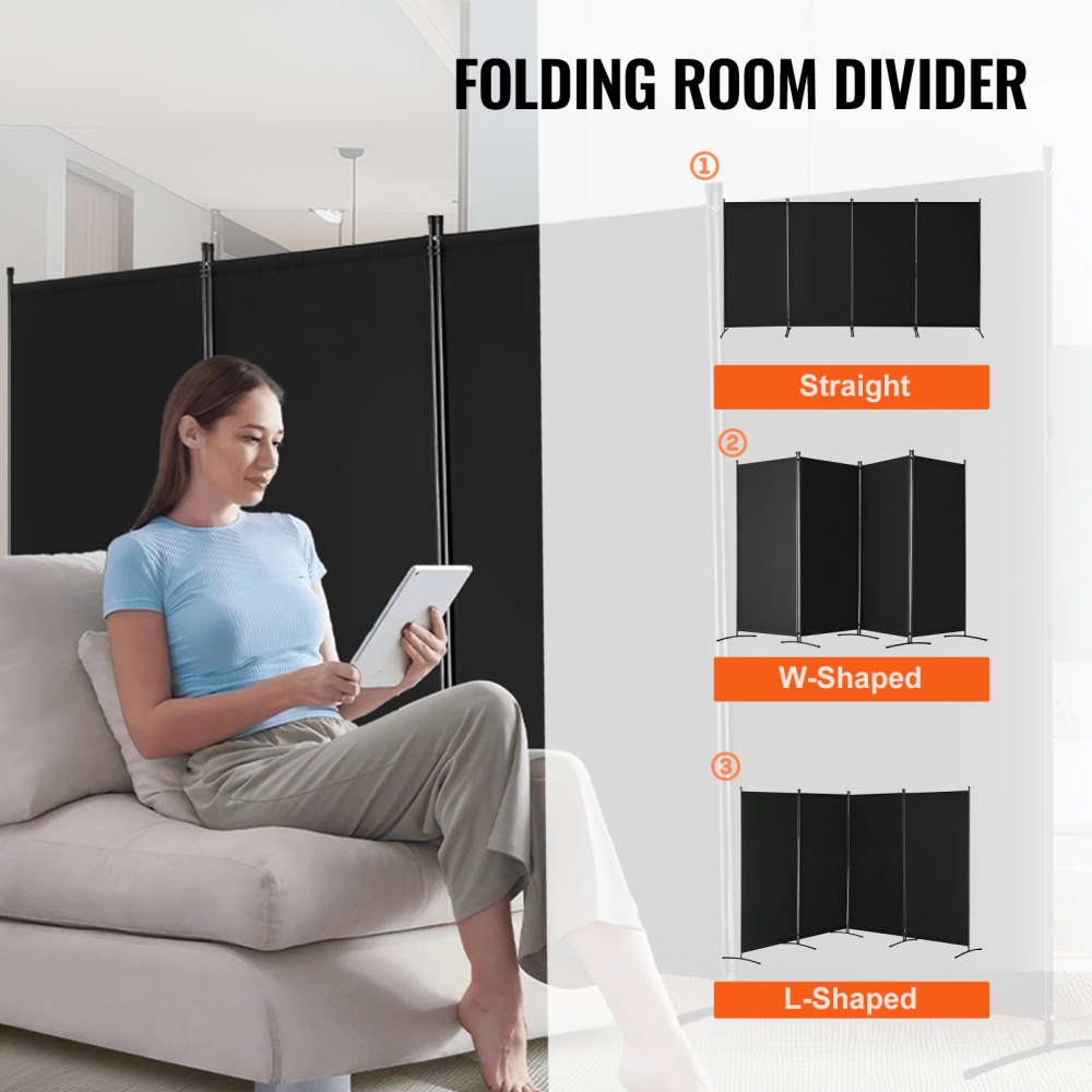 VEVOR Room Divider 4 Panels, Folding Screen 3464 x 1840 x 520 mm, Foldable Privacy Screen & Portable Partition for Room Division, Freestanding Room Divider for Office, Bedroom, Study, Black