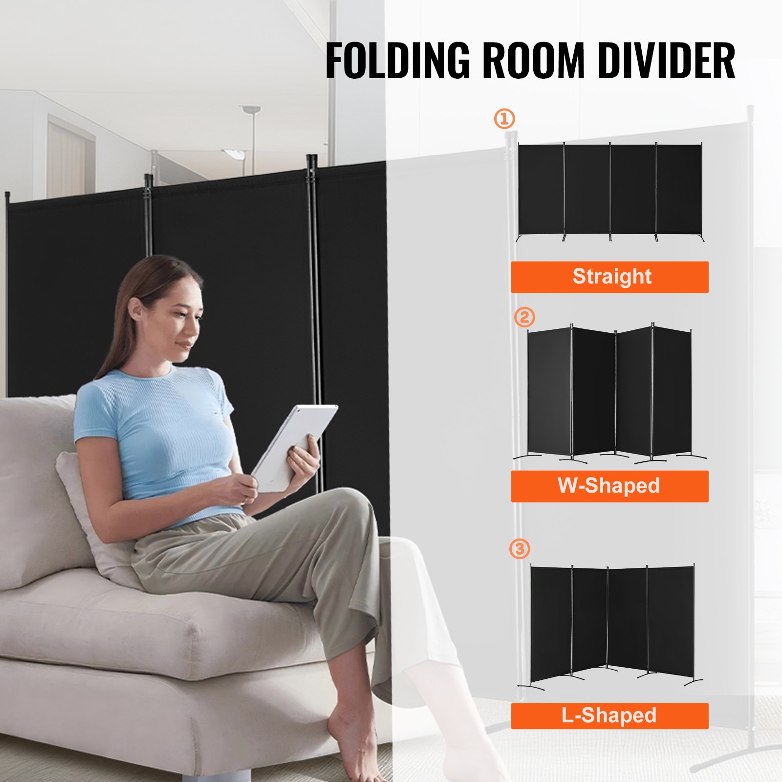 VEVOR Room Divider 4 Panels, Folding Screen 3464 x 1840 x 520 mm, Foldable Privacy Screen & Portable Partition for Room Division, Freestanding Room Divider for Office, Bedroom, Study, Black