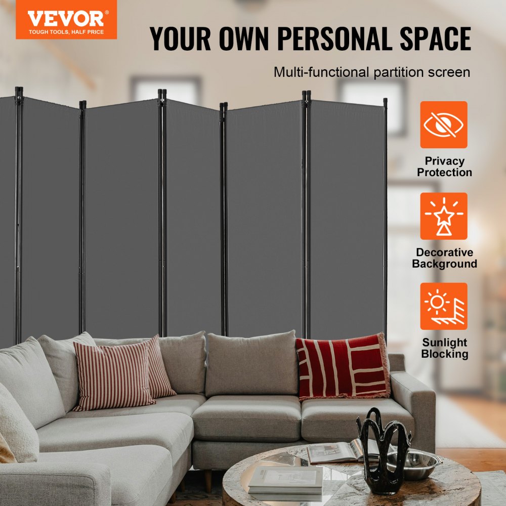 VEVOR Room Divider, 6 Panels Room Divider, Folding Privacy Screen and Portable Partition Divider for Room Separation, Freestanding Room Partitions for Office, Bedroom, Study, Grey