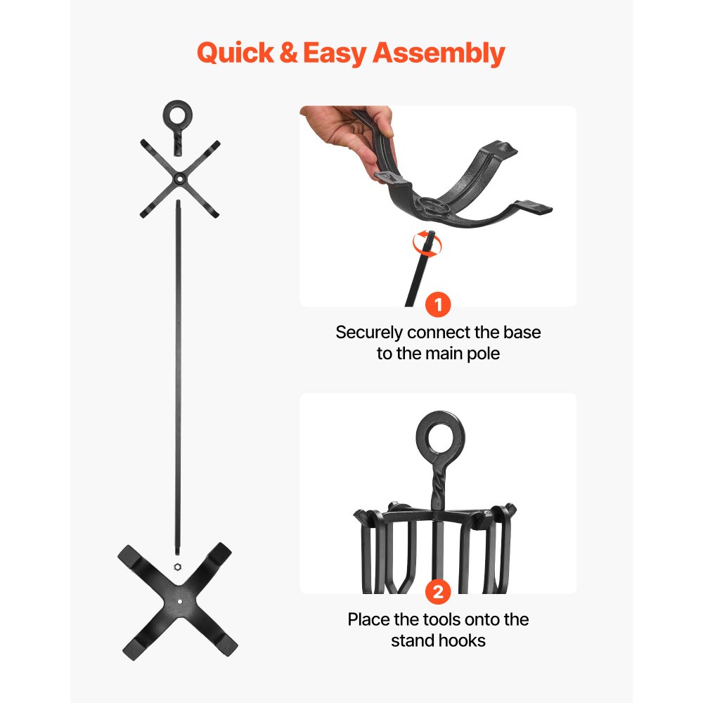 VEVOR Fireplace Tool Set, 5 PCS Fire Tool Set and Holder with Four-Prong Stand, Tongs, Ash Shovel, Brush, Fire Place Poker, Wrought Iron Fireplace Accessories for Campfire Indoor/Outdoor, Black