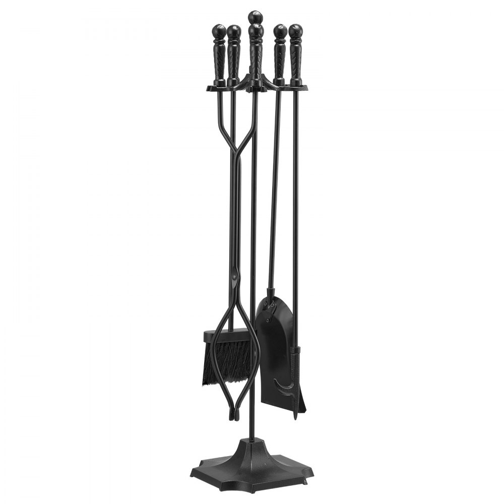 VEVOR Fireplace Tool Set, 5 PCS Fire Tool Set and Holder with Five-Prong Stand, Tongs, Ash Shovel, Brush, Fire Place Poker, Wrought Iron Fireplace Accessories for Campfire Indoor/Outdoor, Black