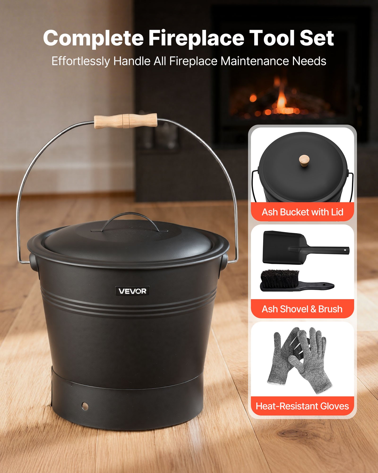 VEVOR Ash Bucket, 4 PCS with Lid, Shovel, Broom and Gloves, Metal Fireplace Charcoal Bucket and Ash Can, 9.8L Large Capacity for Fireplace, Fire Pits, Wood Burning Stoves, Indoor and Outdoor