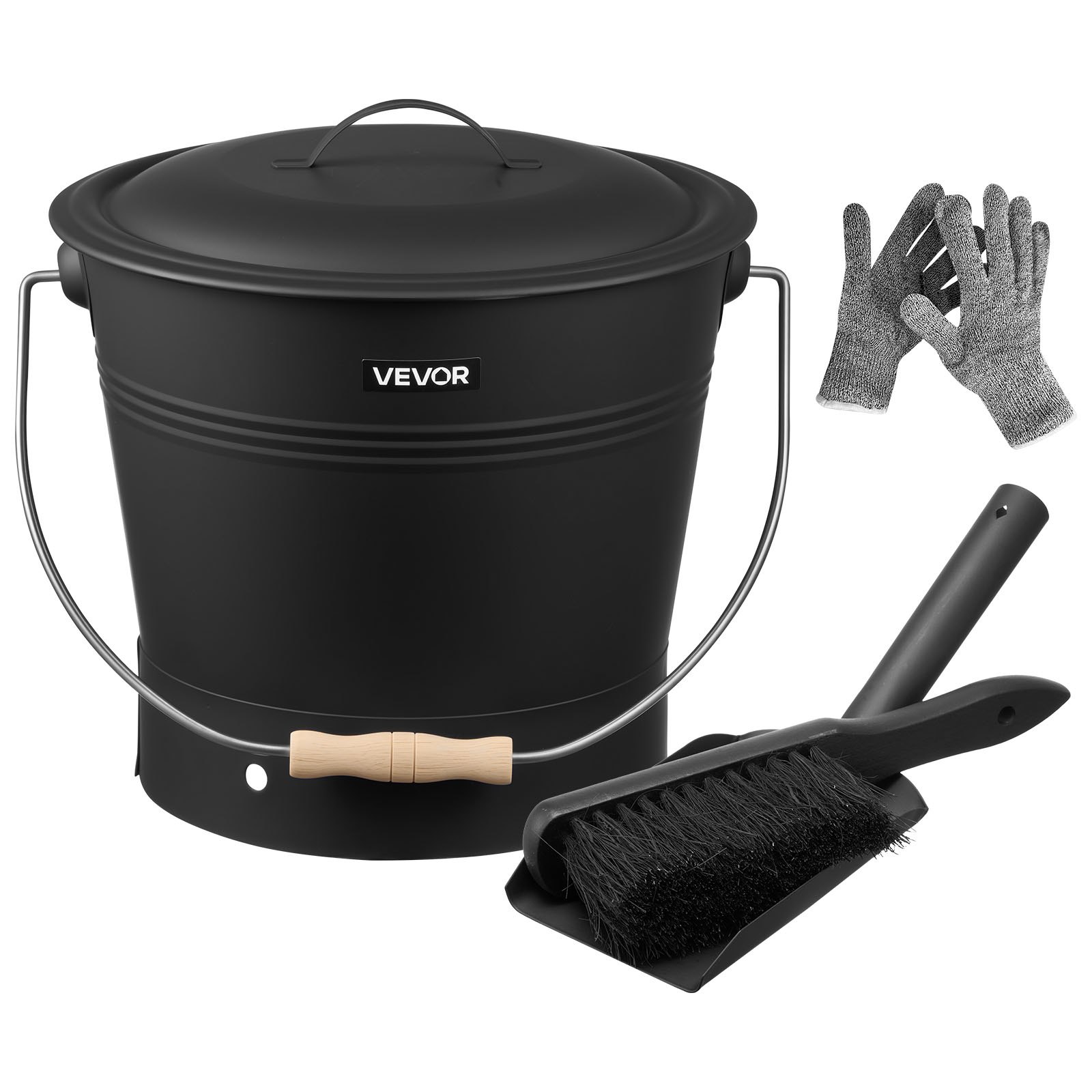 VEVOR Ash Bucket, 4 PCS with Lid, Shovel, Broom and Gloves, Metal Fireplace Charcoal Bucket and Ash Can, 9.8L Large Capacity for Fireplace, Fire Pits, Wood Burning Stoves, Indoor and Outdoor