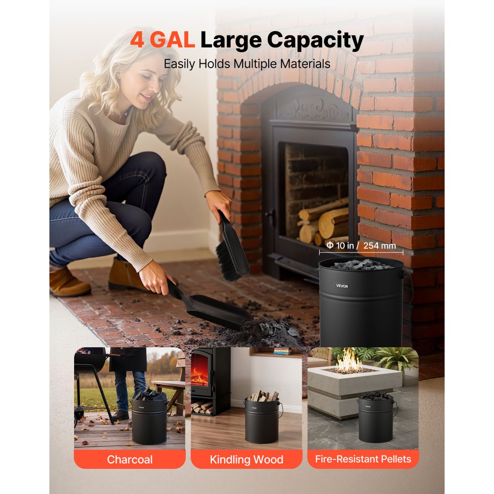 VEVOR Ash Bucket, 4 PCS with Lid, Shovel, Broom and Gloves, Metal Fireplace Charcoal Bucket and Ash Can, 15L Large Capacity for Fireplace, Fire Pits, Wood Burning Stoves, Indoor and Outdoor