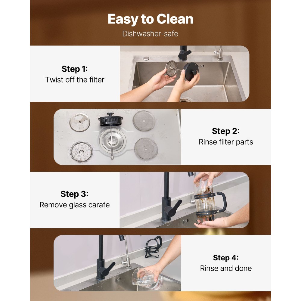 VEVOR French Press Coffee Maker, 1 Liter Borosilicate Glass Coffee Press Tea Maker with Stainless Steel Filter, Large Glass French Presses Cold Brew for Camping Travel Home Kitchen, Silver