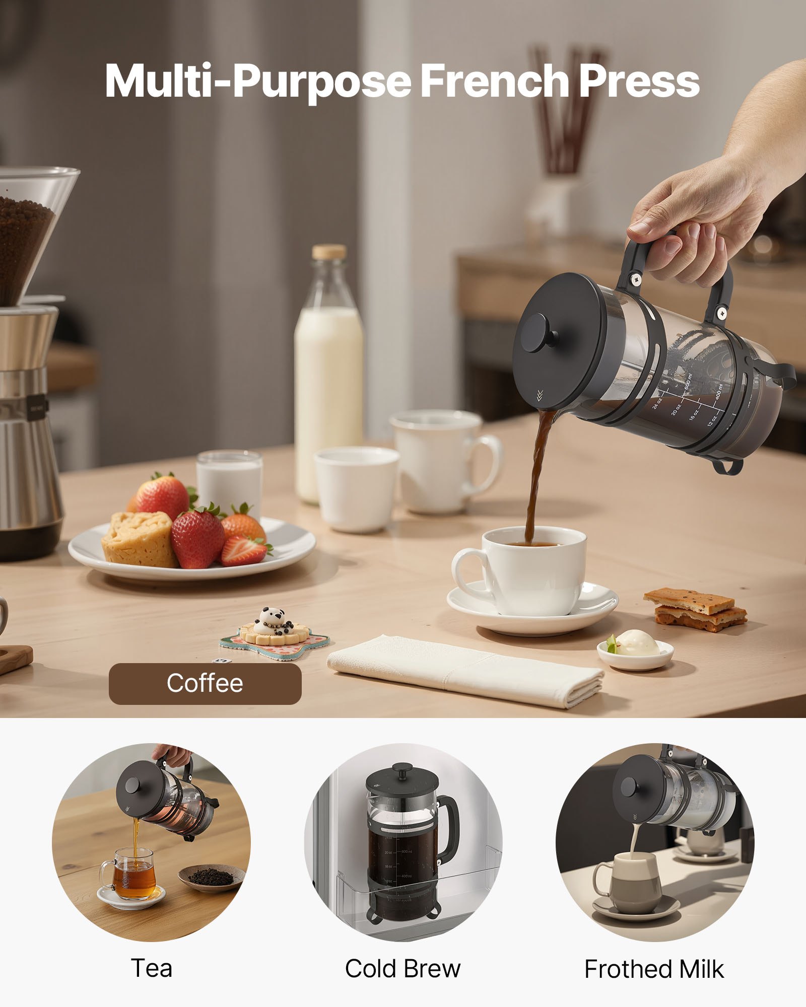 VEVOR French Press Coffee Maker, 1 l, wykonany ze szkła borokrzemianowego, zaparzacz do herbaty z filtrem ze stali nierdzewnej, ekspres do kawy na kemping, podróż, kuchnię, restaurację, czarny