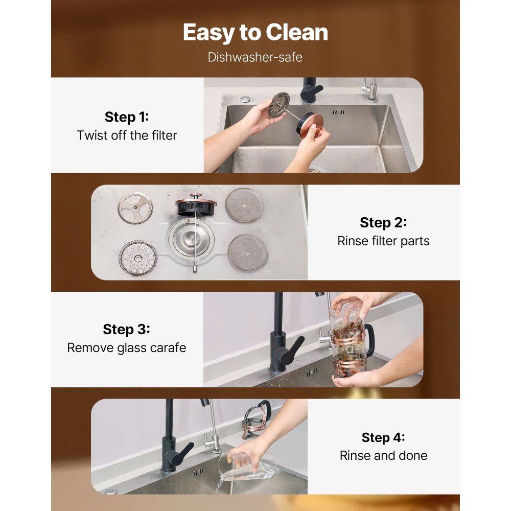 Zaparzacz tłokowy do kawy VEVOR, 1 l, wykonany ze szkła borokrzemianowego, z filtrem ze stali nierdzewnej, do użytku na kempingu, w podróży, kuchni i restauracji, miedziany (kolor)