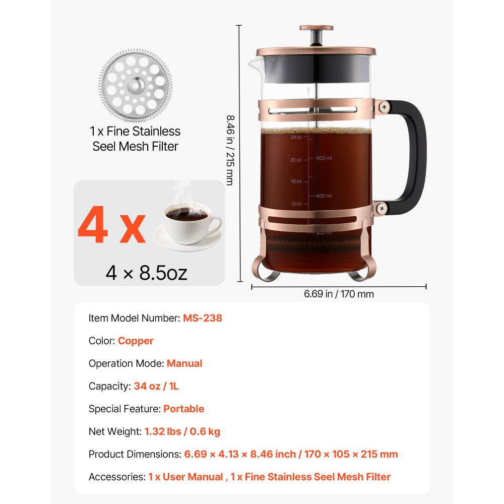 VEVOR French Press Coffee Maker, 1 Liter Borosilicate Glass Coffee Press Tea Maker with Stainless Steel Filter, Large Glass French Presses Cold Brew for Camping Travel Home Kitchen, Copper