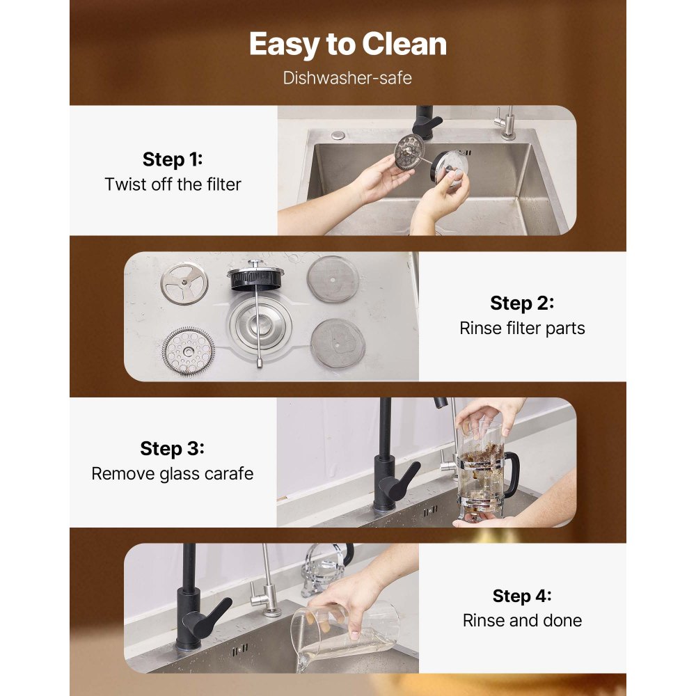 VEVOR French Press Coffee Maker, 1 l, wykonany ze szkła borokrzemianowego, zaparzacz do herbaty z filtrem ze stali nierdzewnej, ekspres do kawy na kemping, podróż, kuchnię, restaurację, srebrny