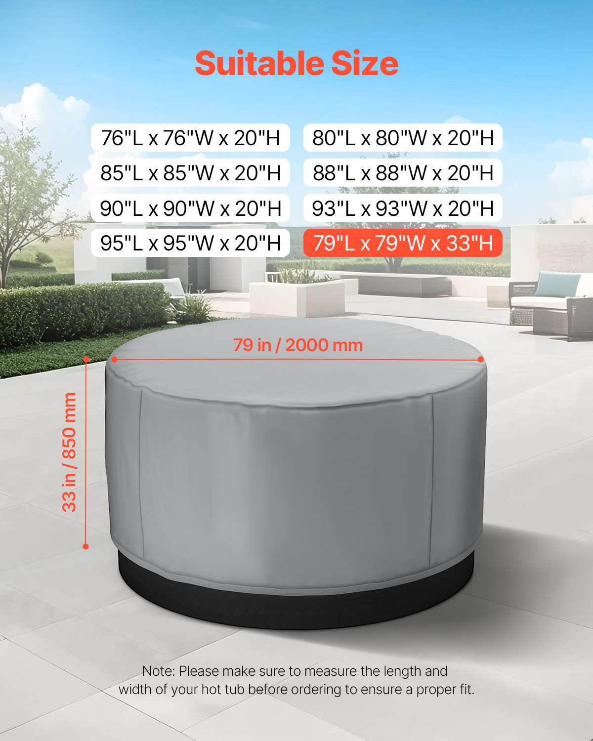 Pokrowiec na wannę z hydromasażem VEVOR (2000 x 2000 x 850 mm) Wodoodporny i odporny na warunki atmosferyczne, pokrowiec przeciwkurzowy na wannę wykonany z tkaniny Oxford o wytrzymałości na rozdarcie 950 N, pyłoszczelny, do wanien, szary, okrągły