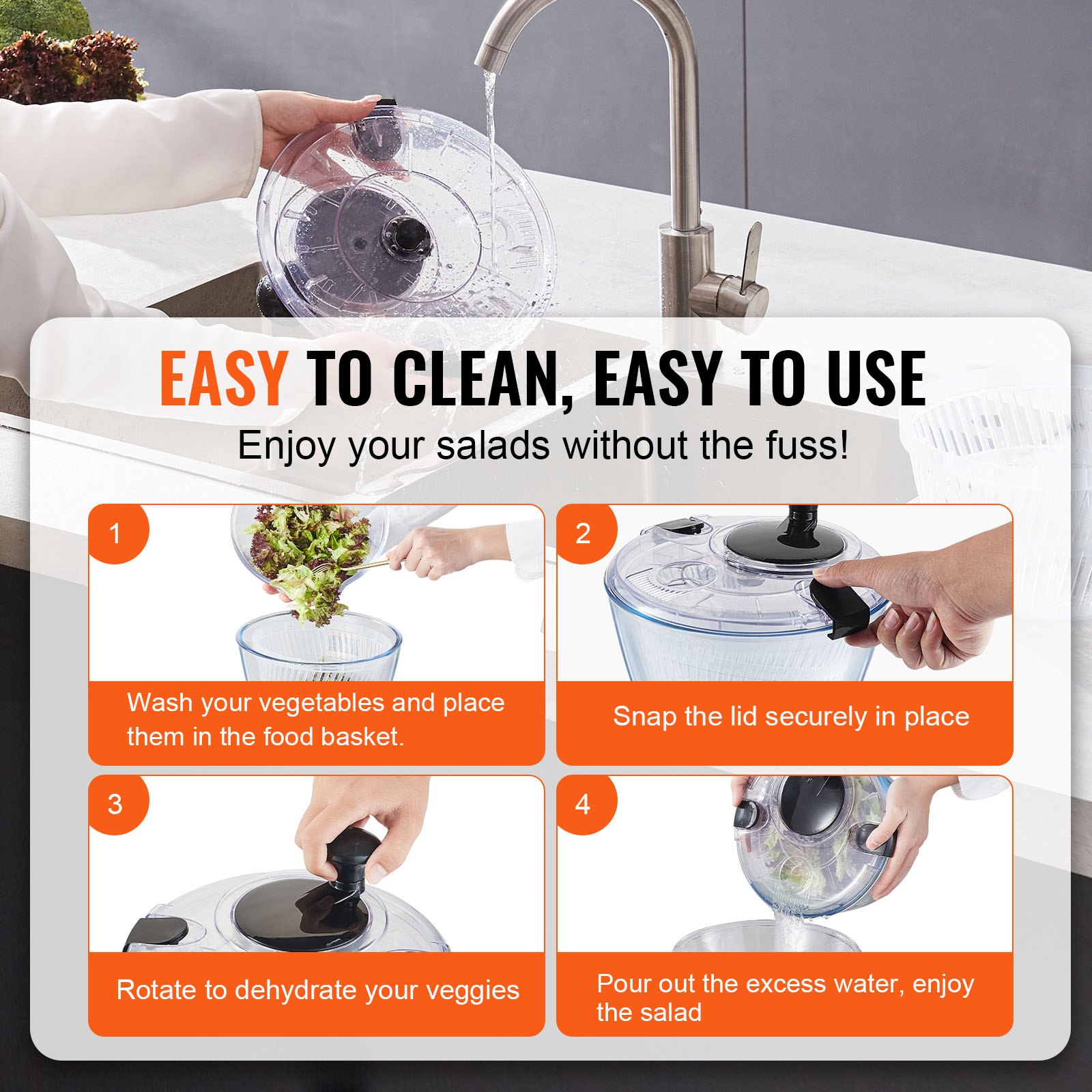 Wirówka do sałatek VEVOR ze szkła 4,5 L, suszarka do warzyw, pralka, środek do czyszczenia i suszarki do sałatek z pokrywką miski ze szkła borokrzemowego, do warzyw, ziół, jagód, owoców, bez BPA