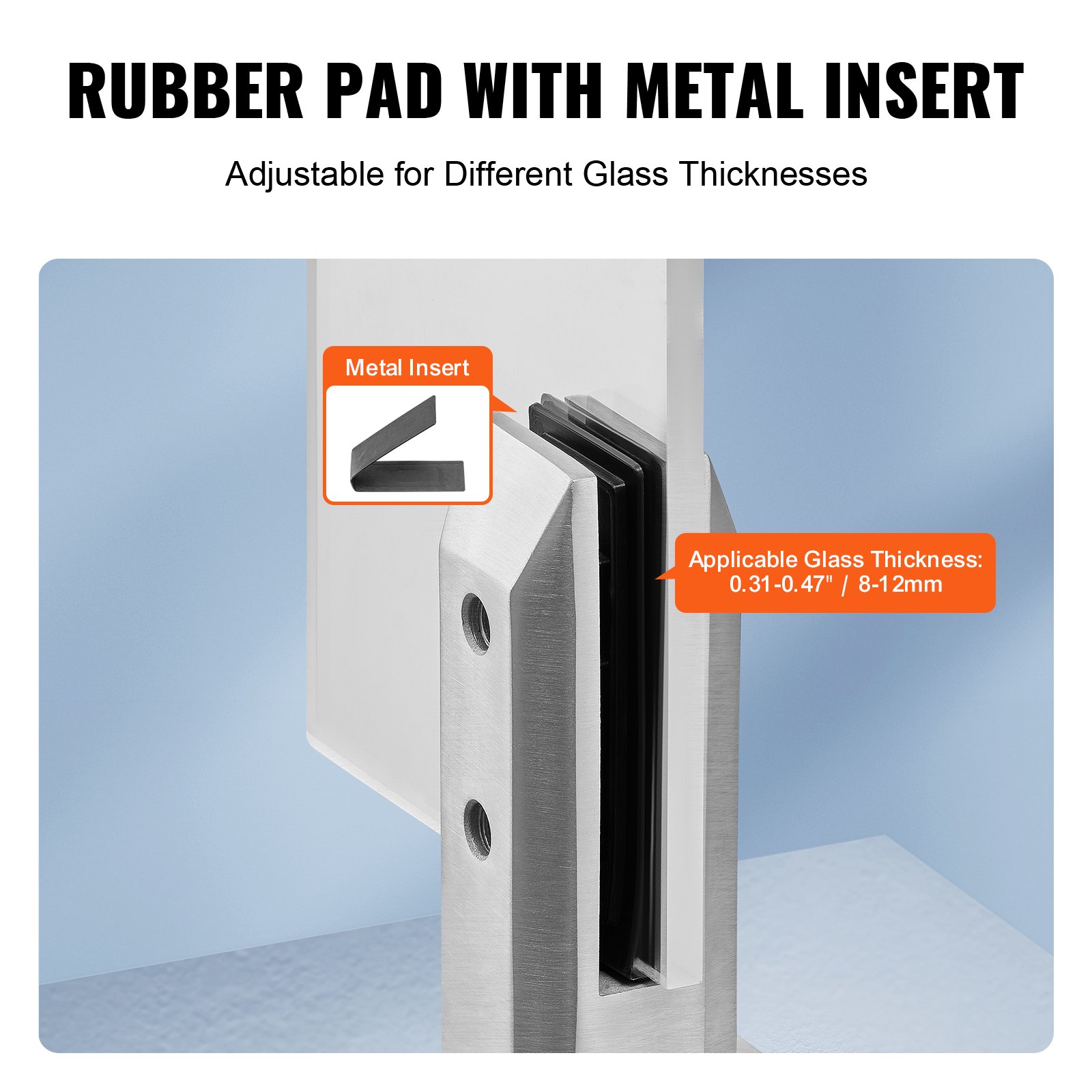 Zacisk szklany VEVOR, 10 sztuk kwadratowych uchwytów do szklanych balustrad o grubości 0,31"-0,47", ze stali nierdzewnej 304, uchwyt do montażu na szklanych półkach o grubości 0,12" na balkon, do ogrodu, na schody, srebrny