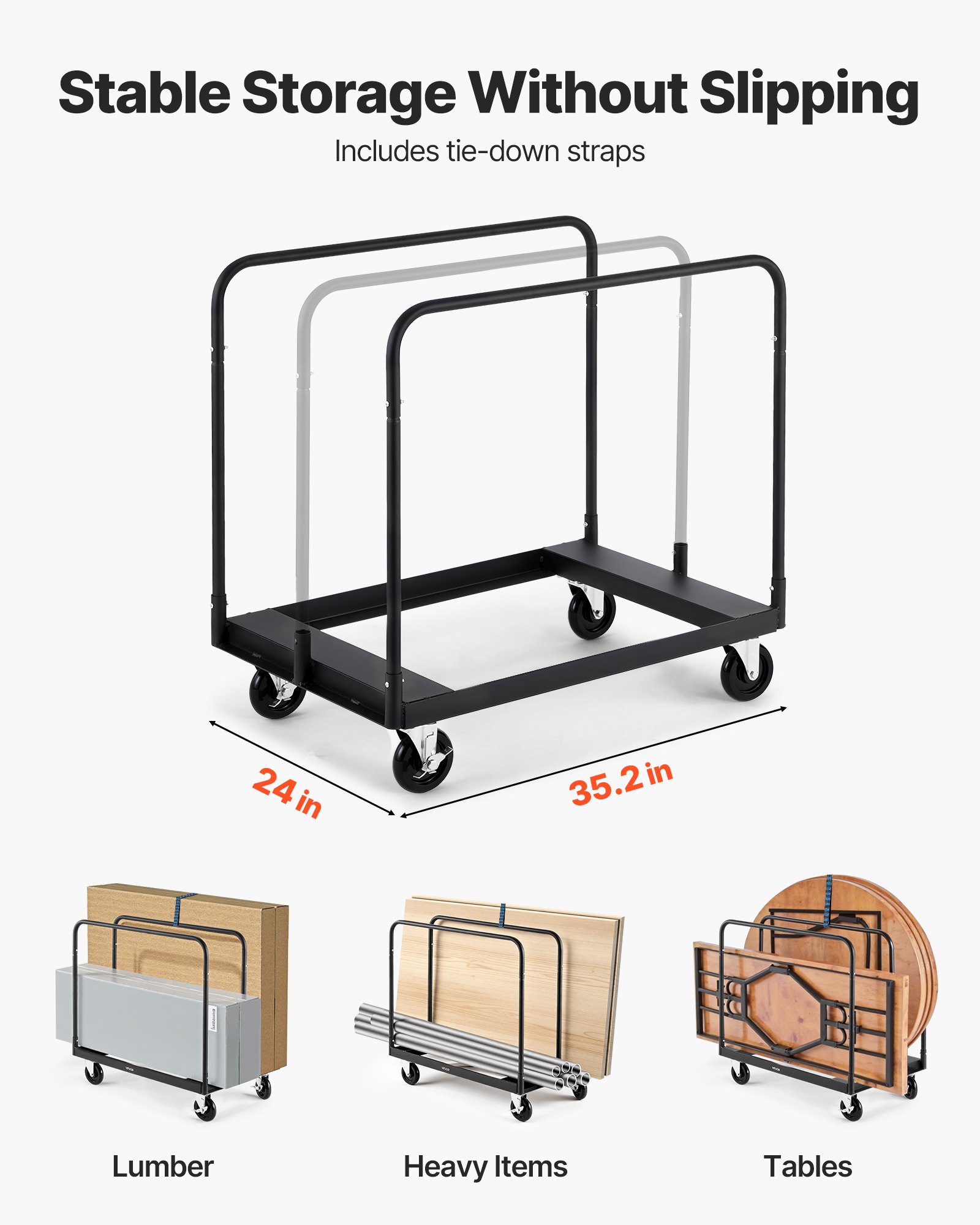 Wózek do płyt VEVOR, 816 kg, wózek transportowy z kółkami obrotowymi 360°, wózek do płyt z pasem mocującym i 3 bocznymi poręczami, rolka do płyt, pomoc w transporcie do fabryk, magazynów, garaży, czarny, 955 x 610 x 935 mm