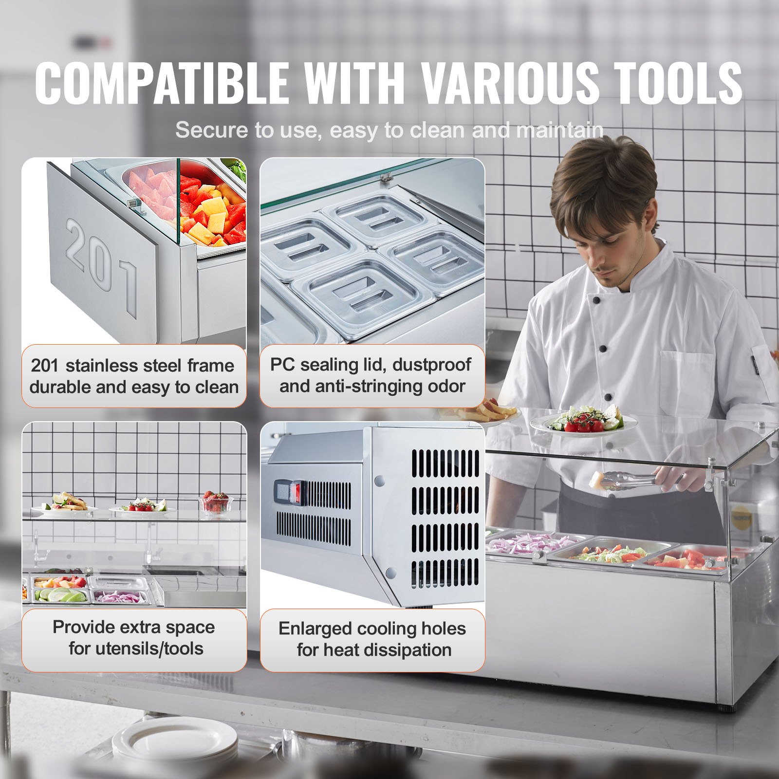 VEVOR Chłodzona stacja do przygotowywania przypraw, stacja przygotowawcza z 3 x 1/3 tacami i 4 x 1/6 tacami, obudowa ze stali nierdzewnej 304 i pokrywa z poliwęglanu, szklane osłony stołu do przygotowywania kanapek