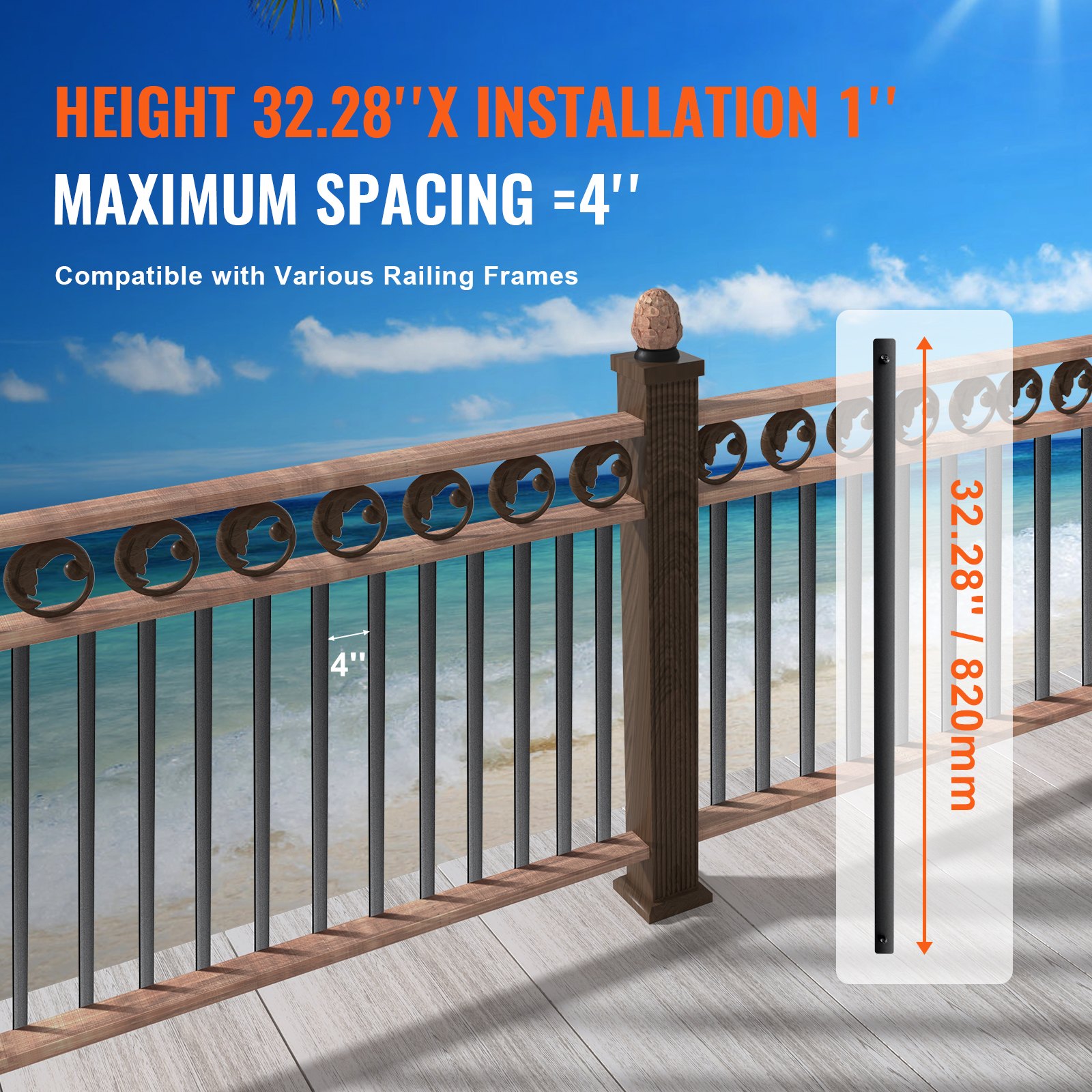 Metalowe tralki schodowe VEVOR, 25 x 5,5 x 820 mm, płaskie, dekoracyjne tralki ze stopu aluminium, zestaw 51 tralek tarasowych ze śrubami, klasyczna, pusta balustrada tarasowa