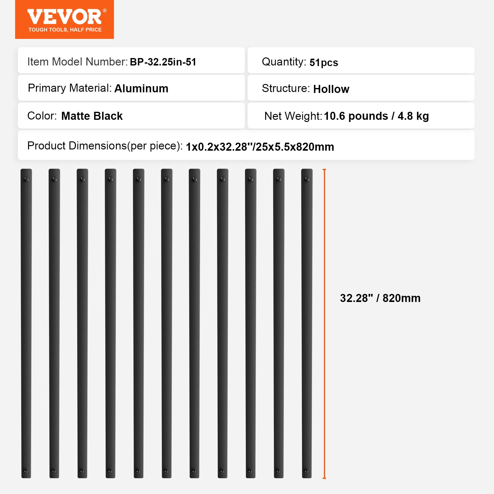 Metalowe tralki schodowe VEVOR, 25 x 5,5 x 820 mm, płaskie, dekoracyjne tralki ze stopu aluminium, zestaw 51 tralek tarasowych ze śrubami, klasyczna, pusta balustrada tarasowa
