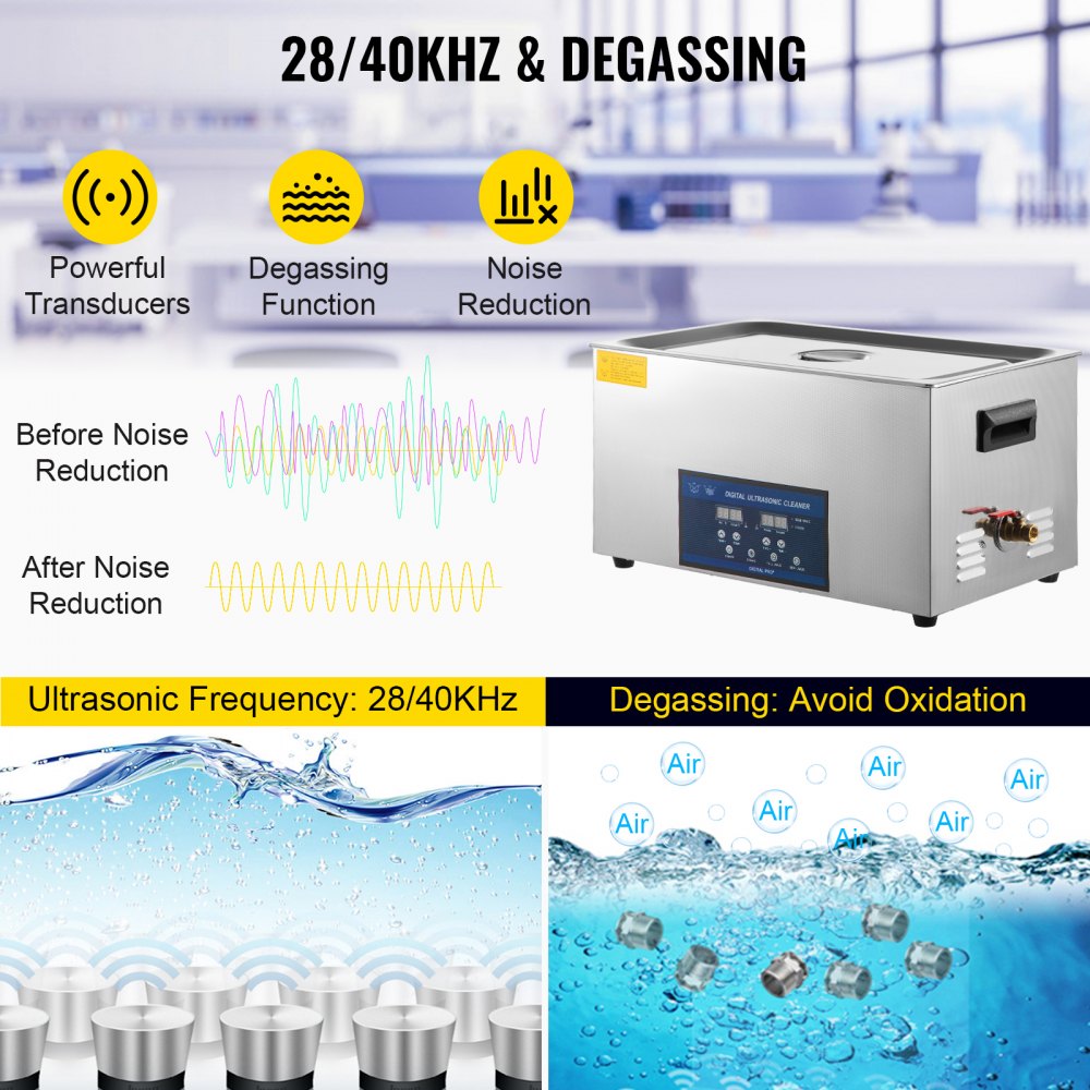 Myjka ultradźwiękowa VEVOR 30 l, Myjka ultradźwiękowa do szklanek 230 V, Myjka ultradźwiękowa ze stali nierdzewnej, Urządzenie ultradźwiękowe z 2 regulowanymi mocami czyszczenia 300 W, 600 W, do stomatologii, naczyń