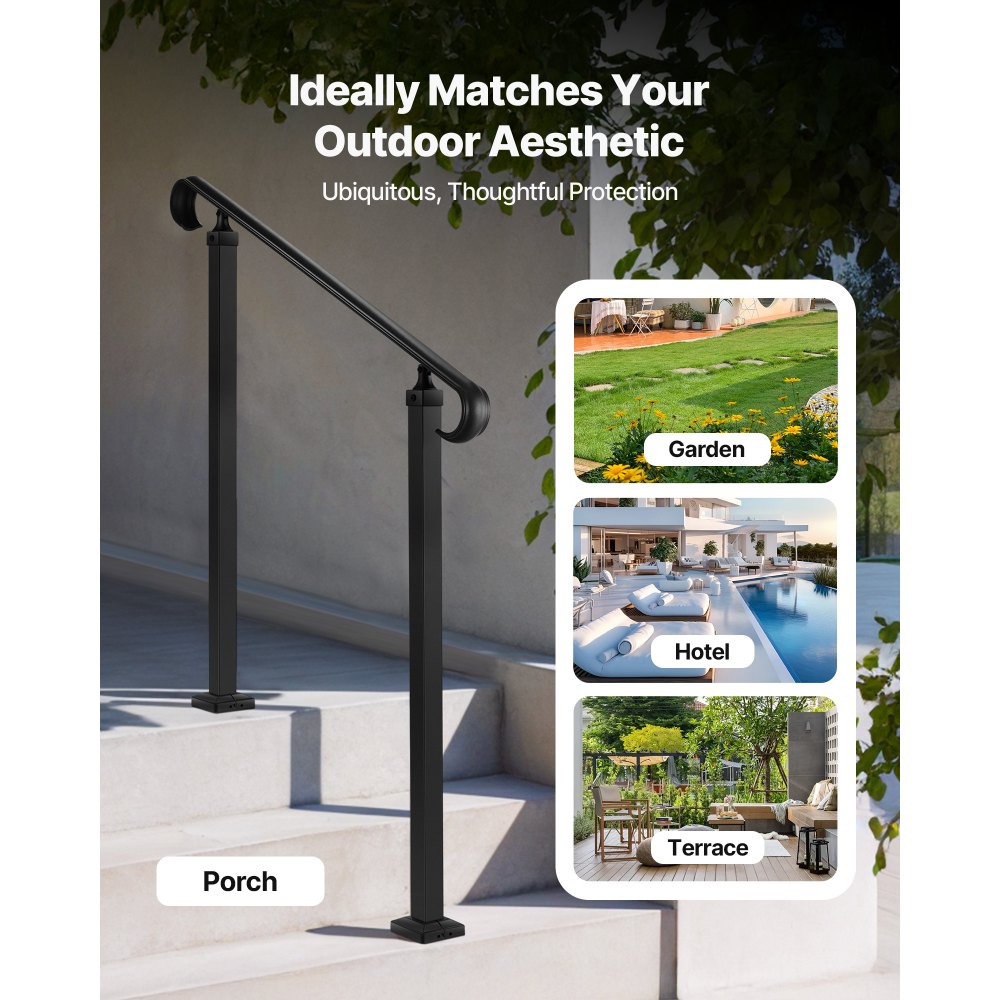 VEVOR Handrails for Outdoor Steps, 2-3 Step Adjustable Height, Carbon Steel Transitional Handrail with Installation Kit, Exterior Hand Railing for Steps, Concrete or Wooden Stairs, Porch, Matte Black