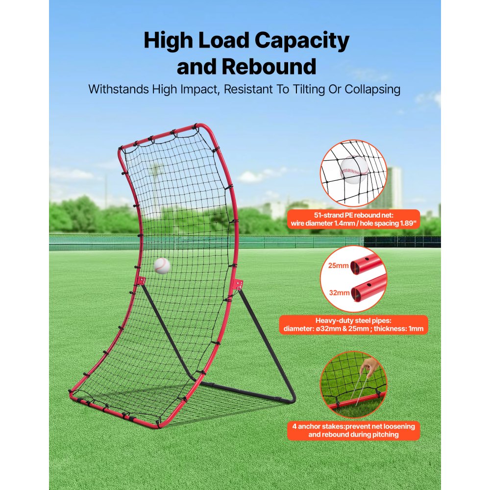 Siatka odbijająca do baseballu i softballu VEVOR 1080x1025x1740 mm, do treningów baseballu i softballu, z 5 kątami, stalową ramą Q195, zakrzywioną siatką z polietylenu, 4 kotwami gruntowymi i składaną konstrukcją