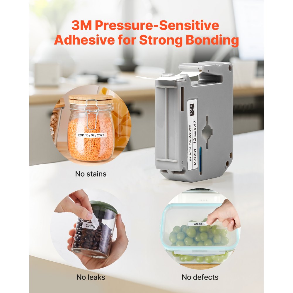 Taśma etykietowa VEVOR, opakowanie 4 szt., szerokość 12 mm, czarno-biała, kompatybilna z różnymi drukarkami etykiet Brother: PT-M95, PT-90, PT-70BM, PT-85, PT-80, zamiennik M-K231