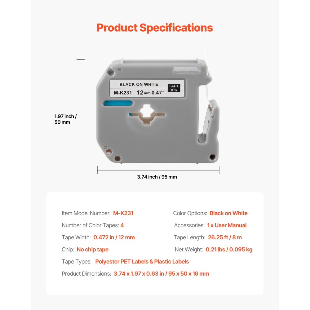 Taśma etykietowa VEVOR, opakowanie 4 szt., szerokość 12 mm, czarno-biała, kompatybilna z różnymi drukarkami etykiet Brother: PT-M95, PT-90, PT-70BM, PT-85, PT-80, zamiennik M-K231