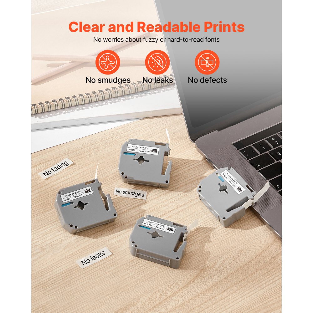 VEVOR Label Maker Tape, 4 Pack, 0.47 in / 12 mm Black on White Label Cartridge Compatible for Various Types of Brother Labelers, Durable & Long-lasting, Waterproof, Replacement for Letra Tag M-K231