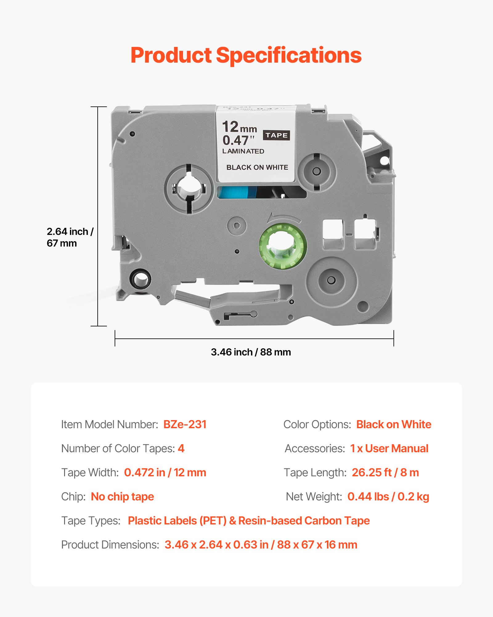 Taśma etykietowa VEVOR, opakowanie 4 szt., 12 mm, czarno-biała, kompatybilna z różnymi typami drukarek etykiet Brother P-Touch, PT-1230PC, PT-1280, PT-D200, PT-P400, zamiennik TZe-231