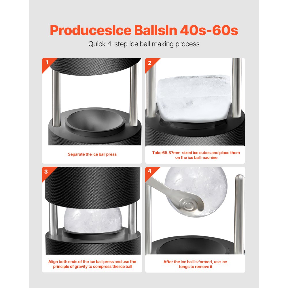 Zestaw do robienia kulek lodowych VEVOR Ice Press 60 mm, kulki lodowe wykonane z aluminium lotniczego z foremką do lodu, dużą matą, szczypcami, tacką ociekową i szklanką, okrągła maszyna do robienia kulek lodowych, na imprezy koktajlowe z whisky i święta